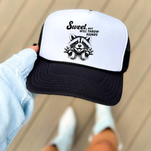 Sassy Racoon Trucker Hat, Black and White, High Profile Rope Trucker Hat, Sweet But Will Throw Hands