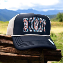 Load image into Gallery viewer, Black and Ivory Trucker Hat with HOWDY print, Southwestern Design