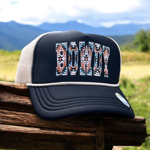 Black and Ivory Trucker Hat with HOWDY print, Southwestern Design