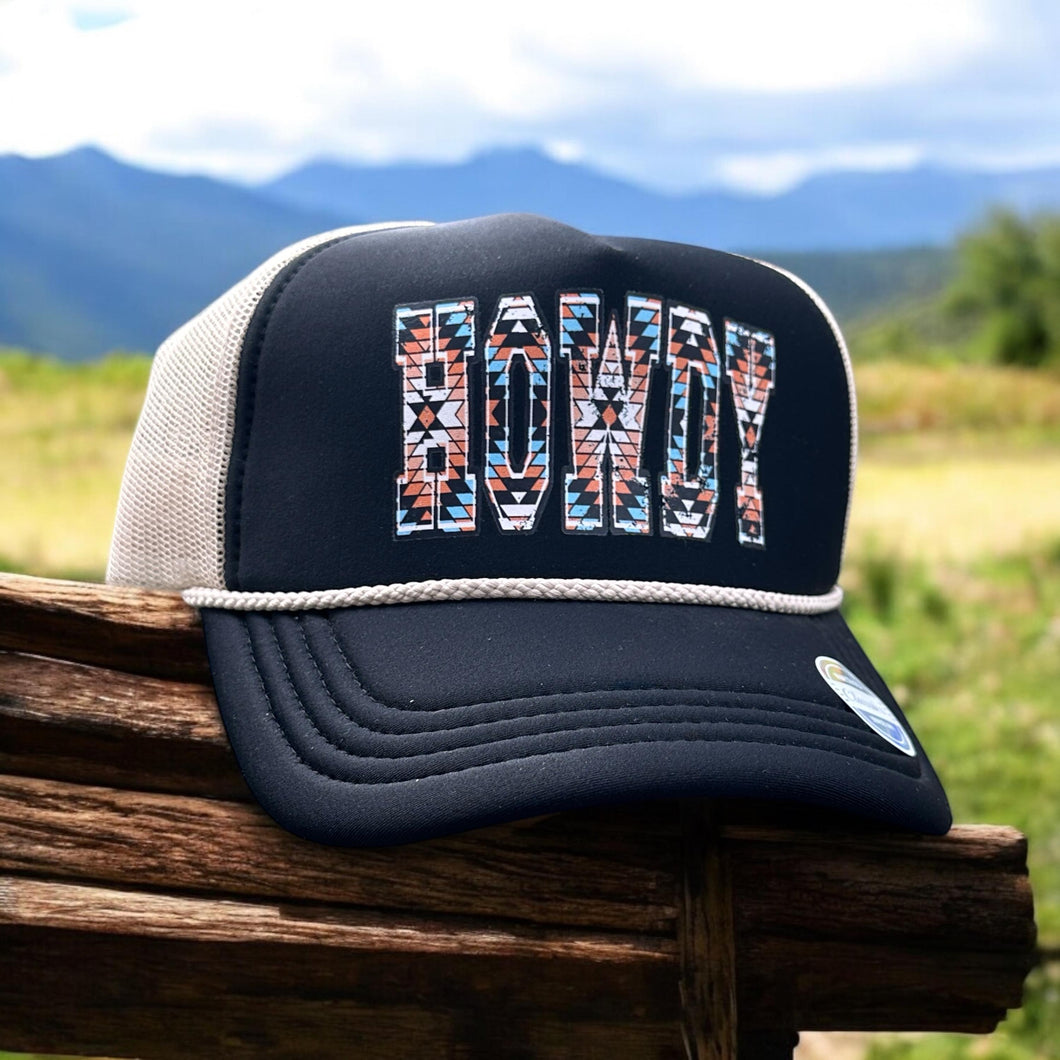 Black and Ivory Trucker Hat with HOWDY print, Southwestern Design