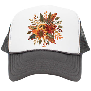 Floral Trucker Hat, Faux Embroidery, Gray and White Otto, Mid Profile