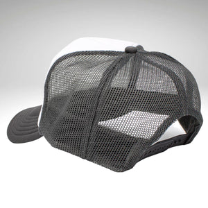 Floral Trucker Hat, Faux Embroidery, Gray and White Otto, Mid Profile