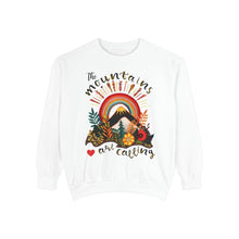 Load image into Gallery viewer, The Mountains are Calling Boho White Sweatshirt, Faux Embroidery, Traveler, Adventure Seeker Sweatshirt