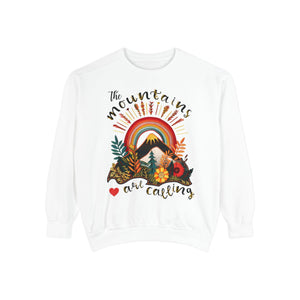 The Mountains are Calling Boho White Sweatshirt, Faux Embroidery, Traveler, Adventure Seeker Sweatshirt
