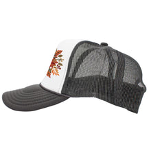 Load image into Gallery viewer, Floral Trucker Hat, Faux Embroidery, Gray and White Otto, Mid Profile