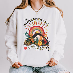 The Mountains are Calling Boho White Sweatshirt, Faux Embroidery, Traveler, Adventure Seeker Sweatshirt