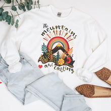 Load image into Gallery viewer, The Mountains are Calling Boho White Sweatshirt, Faux Embroidery, Traveler, Adventure Seeker Sweatshirt