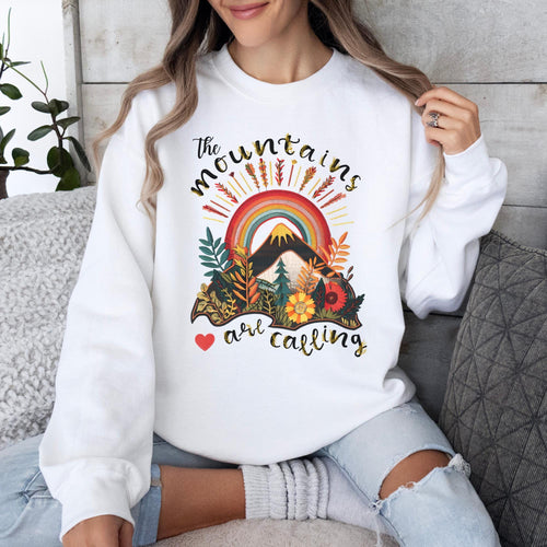 The Mountains are Calling Boho White Sweatshirt, Faux Embroidery, Traveler, Adventure Seeker Sweatshirt