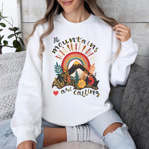 The Mountains are Calling Boho White Sweatshirt, Faux Embroidery, Traveler, Adventure Seeker Sweatshirt
