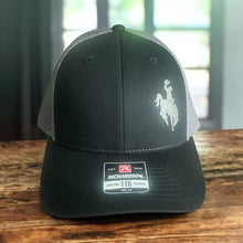 Load image into Gallery viewer, Beautiful gray embroidered cowboy Richardson Low Pro 115 Trucker hat - Black with gray mesh back.