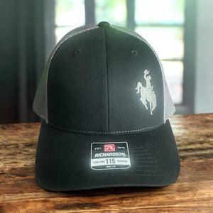 Beautiful gray embroidered cowboy Richardson Low Pro 115 Trucker hat - Black with gray mesh back.
