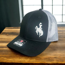Load image into Gallery viewer, Beautiful gray embroidered cowboy Richardson Low Pro 115 Trucker hat - Black with gray mesh back.