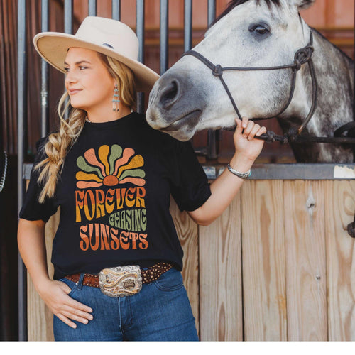 Forever Chasing Sunsets Retro Black T-shirt, Graphic Tee
