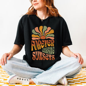 Forever Chasing Sunsets Retro Black T-shirt, Graphic Tee