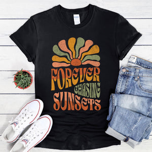 Forever Chasing Sunsets Retro Black T-shirt, Graphic Tee