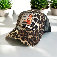 Load image into Gallery viewer, On my way to stir the pot embroidered edge patch hat. The hat is a leopard print low profile and unstructured hat with black mesh back and curved bill with slight distressing for a worn look.