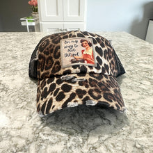 Load image into Gallery viewer, Leopard Print, On My Way To Stir the Pot, Vintage Inspired Patch Hat, Statement Trucker Hat, Sassy Hat, Play on Words