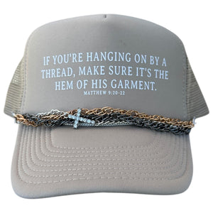 Tan Trucker Hat, Hem of His Garment, Hat Chain, Matthew 9:20-22 Christian Hat