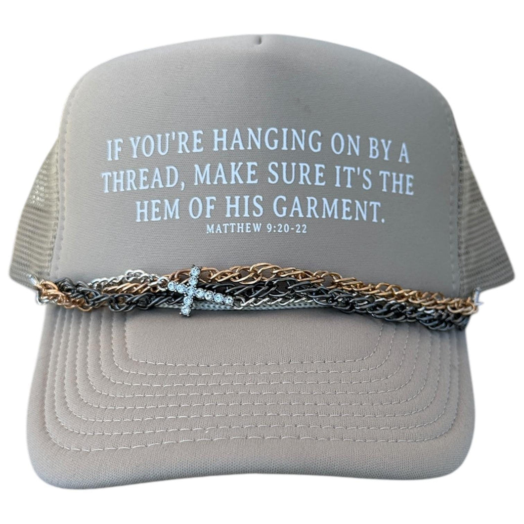 Tan Trucker Hat, Hem of His Garment, Hat Chain, Matthew 9:20-22 Christian Hat