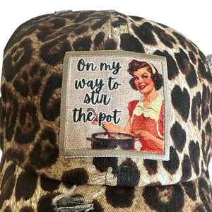 Leopard Print, On My Way To Stir the Pot, Vintage Inspired Patch Hat, Statement Trucker Hat, Sassy Hat, Play on Words