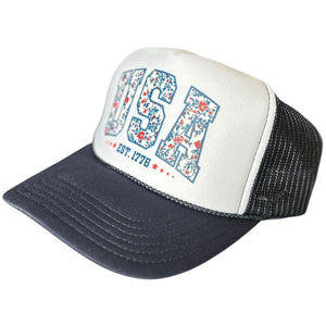 USA Americana Navy Trucker Hat, Faux Embroidery, Floral Print, Fourth of July, Independence Day