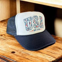 Load image into Gallery viewer, USA Americana Navy Trucker Hat, Faux Embroidery, Floral Print, Fourth of July, Independence Day