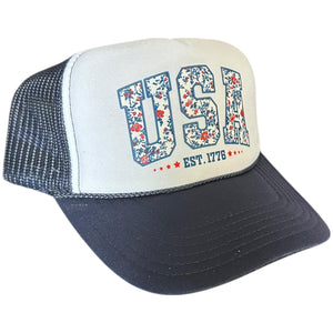 USA Americana Navy Trucker Hat, Faux Embroidery, Floral Print, Fourth of July, Independence Day