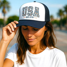 Load image into Gallery viewer, USA Americana Navy Trucker Hat, Faux Embroidery, Floral Print, Fourth of July, Independence Day