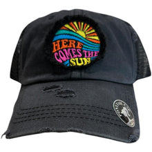 Load image into Gallery viewer, Here Comes the Sun, Embroidered, Washed Black, High Ponytail, Trucker Hat