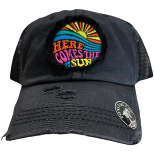 Here Comes the Sun, Embroidered, Washed Black, High Ponytail, Trucker Hat