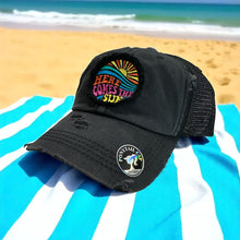 Load image into Gallery viewer, Here Comes the Sun, Embroidered, Washed Black, High Ponytail, Trucker Hat