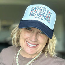 Load image into Gallery viewer, USA Americana Navy Trucker Hat, Faux Embroidery, Floral Print, Fourth of July, Independence Day