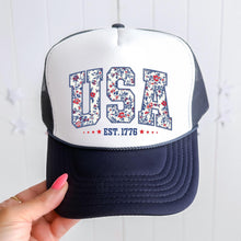 Load image into Gallery viewer, USA Americana Navy Trucker Hat, Faux Embroidery, Floral Print, Fourth of July, Independence Day