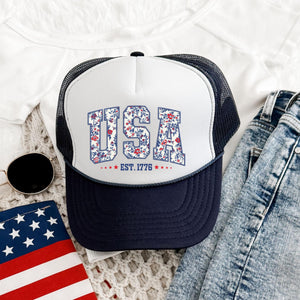 USA Americana Navy Trucker Hat, Faux Embroidery, Floral Print, Fourth of July, Independence Day