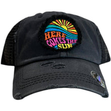 Load image into Gallery viewer, Here Comes the Sun, Embroidered, Washed Black, High Ponytail, Trucker Hat