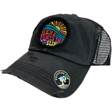 Load image into Gallery viewer, Here Comes the Sun, Embroidered, Washed Black, High Ponytail, Trucker Hat