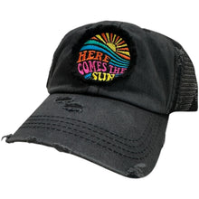 Load image into Gallery viewer, Here Comes the Sun, Embroidered, Washed Black, High Ponytail, Trucker Hat