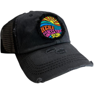 Here Comes the Sun, Embroidered, Washed Black, High Ponytail, Trucker Hat