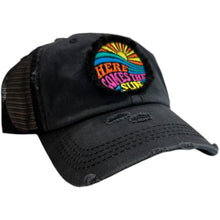 Load image into Gallery viewer, Here Comes the Sun, Embroidered, Washed Black, High Ponytail, Trucker Hat