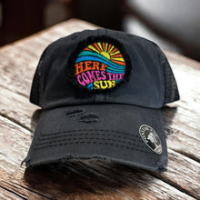 Load image into Gallery viewer, Here Comes the Sun, Embroidered, Washed Black, High Ponytail, Trucker Hat