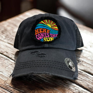 Here Comes the Sun, Embroidered, Washed Black, High Ponytail, Trucker Hat