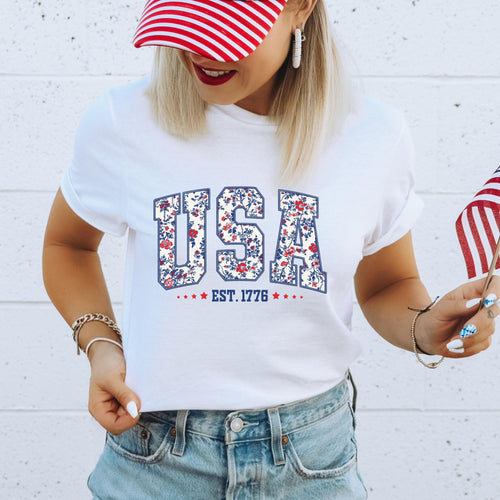 Patriotic Red and Blue Bows T-Shirt, 4th of July Coquette Tee