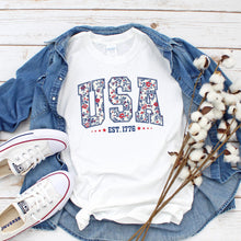 Load image into Gallery viewer, Patriotic Red and Blue Bows T-Shirt, 4th of July Coquette Tee