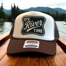 Load image into Gallery viewer, River Time Trucker Hat Brown and Tan Mesh Snapback Hat for Boating Fishing River Days Outdoor Adventures Men and Women, Summer and Fall Cap