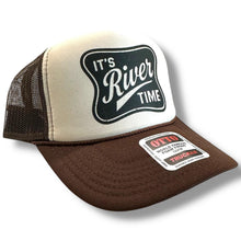 Load image into Gallery viewer, River Time Trucker Hat Brown and Tan Mesh Snapback Hat for Boating Fishing River Days Outdoor Adventures Men and Women, Summer and Fall Cap