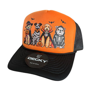 Halloween Dog Trucker Hat: Spooky Season Orange & Black Puppy Cap