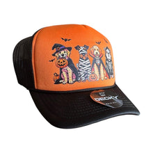 Load image into Gallery viewer, Halloween Dog Trucker Hat: Spooky Season Orange &amp; Black Puppy Cap