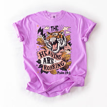 Load image into Gallery viewer, Christian Woman Comfort Colors Tshirt, Neon Violet, Tiger Faith Tee, The Heavens are Roaring T-shirt Psalm 19:1