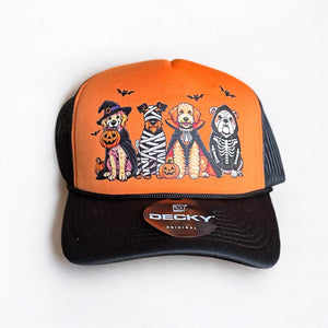 Halloween Dog Trucker Hat: Spooky Season Orange & Black Puppy Cap