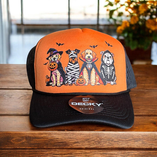 Halloween Dog Trucker Hat: Spooky Season Orange & Black Puppy Cap